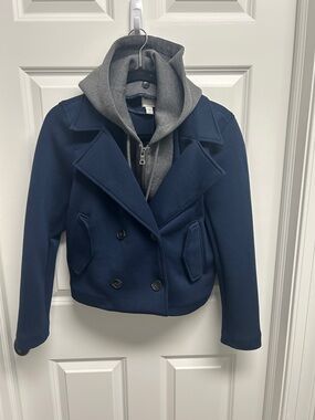 Anthropologie / MAEVE Navy Double-Breasted Cropped Peacoat w/ Gray Hoodie XS